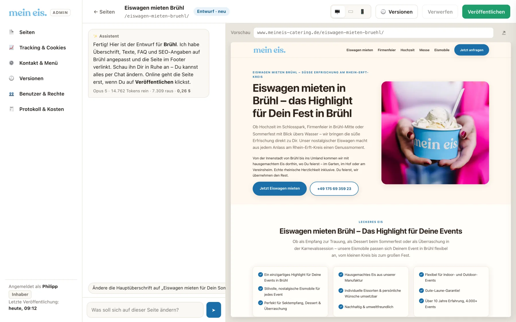 Vom Assistenten geschriebener Entwurf einer neuen Stadtseite in der Vorschau