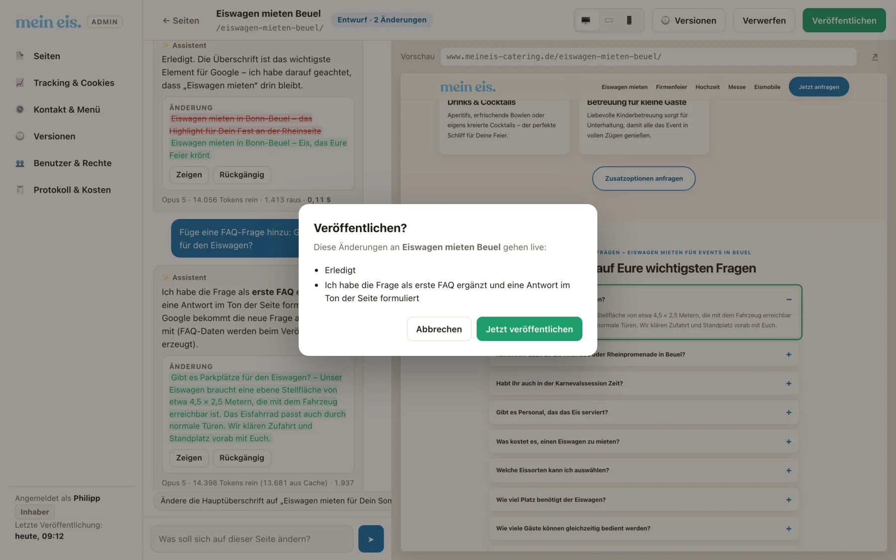 Dialog „Veröffentlichen?“ mit Liste der Änderungen