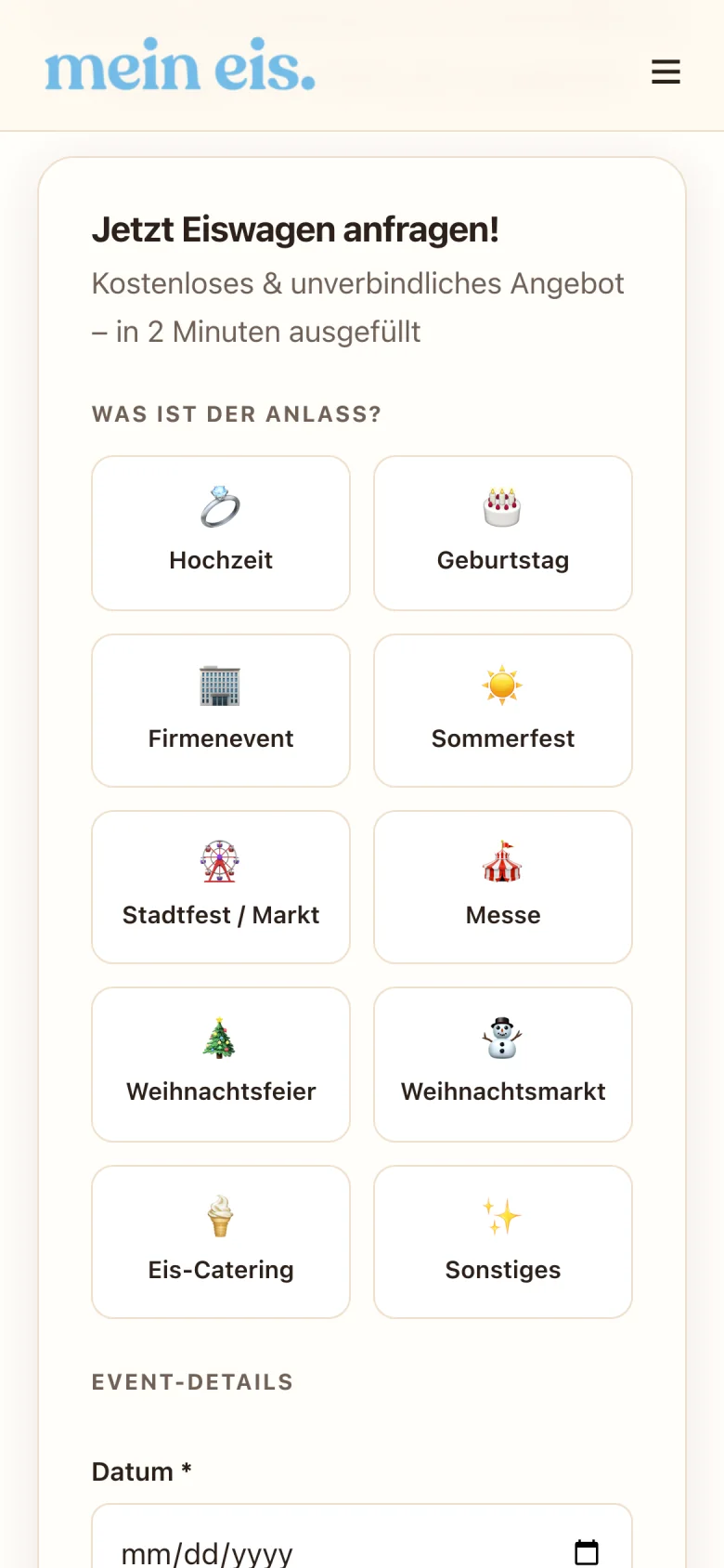 Anfrageformular von mein eis auf dem Smartphone